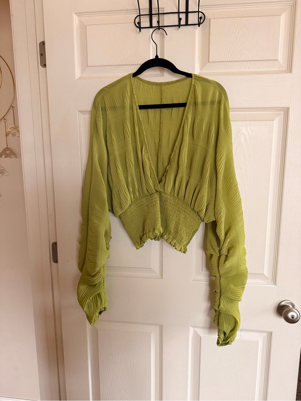 SHEIN Lime Green Pleated V-Neck Cropped Blouse